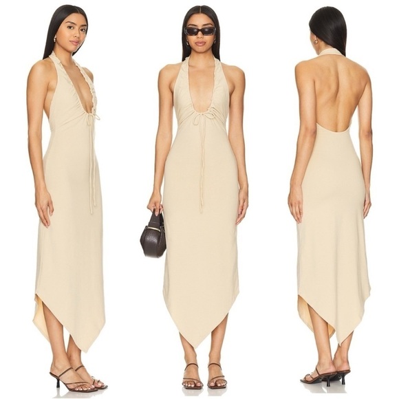 NEW! Camila Coelho- Kaseya Midi Dress Nude Halter Neck Drawstring Backless XL - Picture 1 of 15